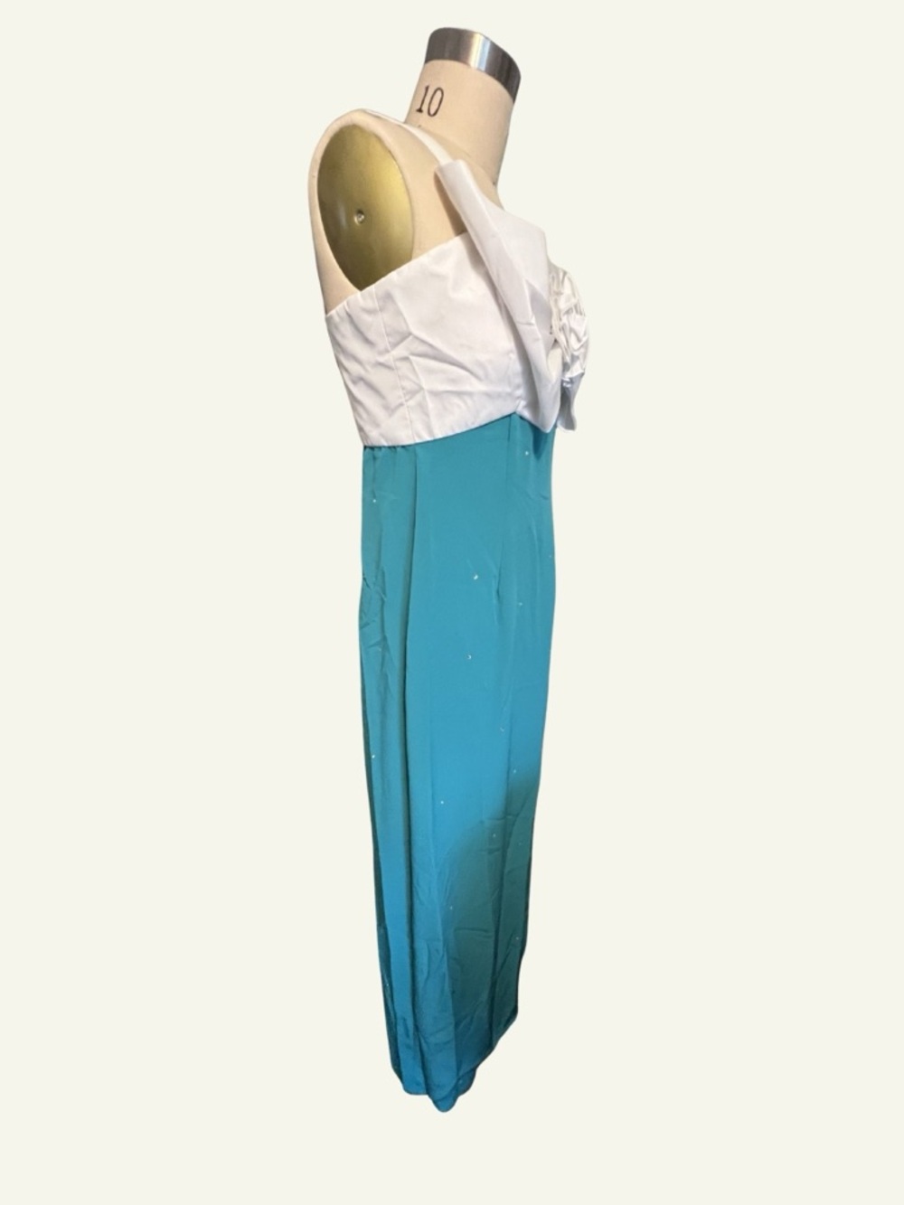 Vintage 60s White Bow Maxi Dress with Teal Skirt and Rhinestones - Picture 3 of 4
